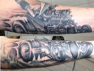 Two grayscale tattoos: hot rod car on arm, with detailed engine and flames.
