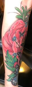 Tattoo on arm. A large, red peony with green leaves, small blue flowers, and black berries.