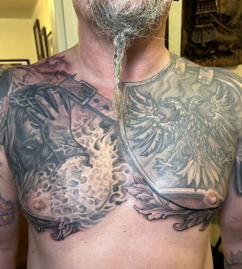 Black and grey chest piece with an eagle