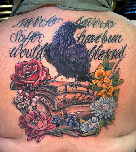 Raven, roses and lettering color back piece