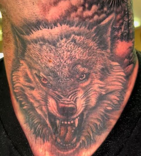 Snarling wolf black and grey tattoo